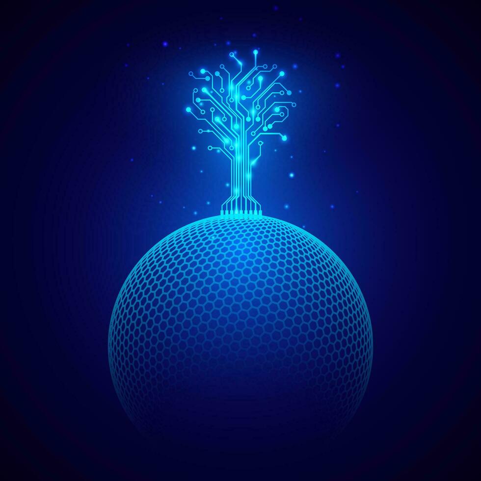 futuristisch abstrakt Hintergrund. Schaltkreis Baum auf Kugel. sci fi Konzept. Wissenschaft und Technologie Design Element. Vektor Illustration