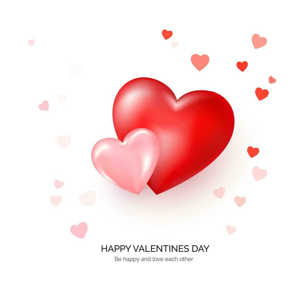 par av röd och rosa hjärtan med hälsning text. valentines dag hälsning kort mall. vektor