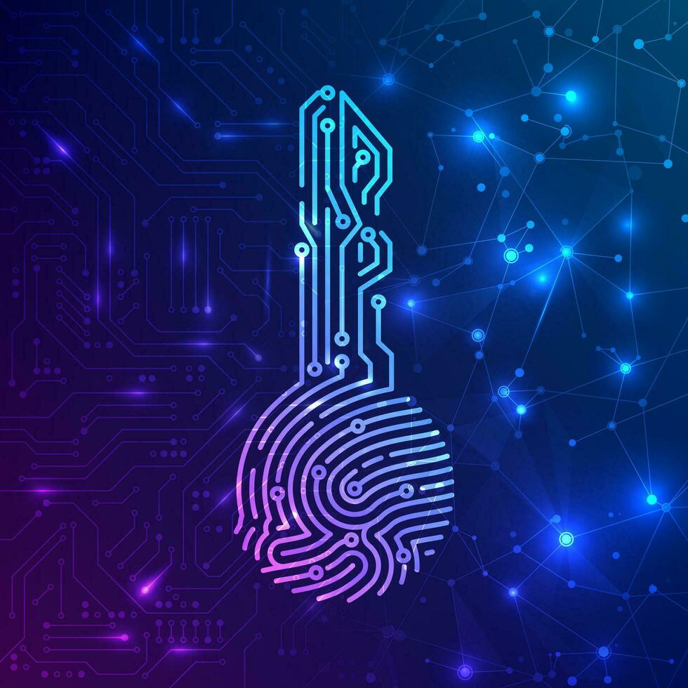 Fingerabdruck biometrisch Schaltkreis Schlüssel zum Identifizierung auf Hardware- und Software Information System. abstrakt futuristisch Technologie Hintergrund. Vektor Illustration