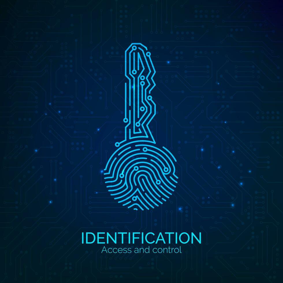 Schaltkreis Schlüssel Fingerabdruck Scanner. Scan biometrisch Fingerabdruck elektronisch Nachprüfung und Identifikation. Vektor Illustration