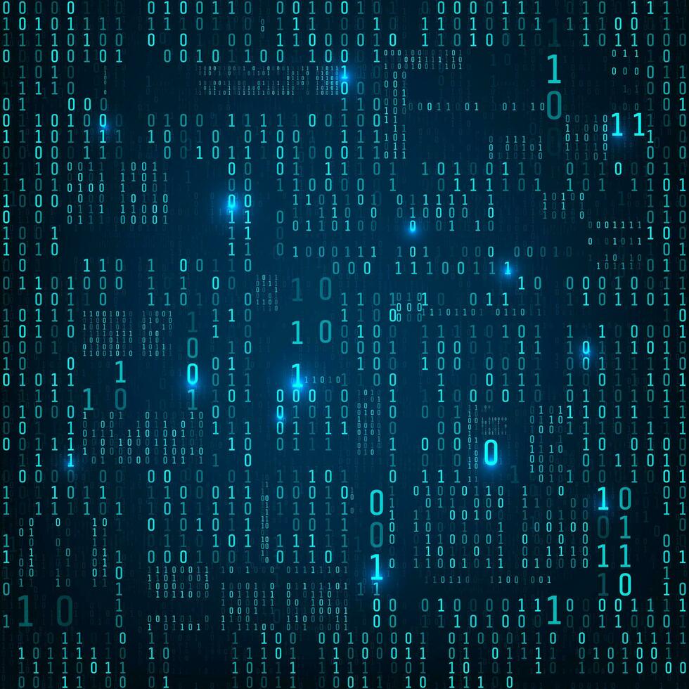 Matrix von binär Zahlen. binär Computer Code. fließen von Blau zufällig Digital Zahlen. futuristisch oder sci fi Hintergrund. Zahlen fallen auf das dunkel Hintergrund. Vektor Illustration