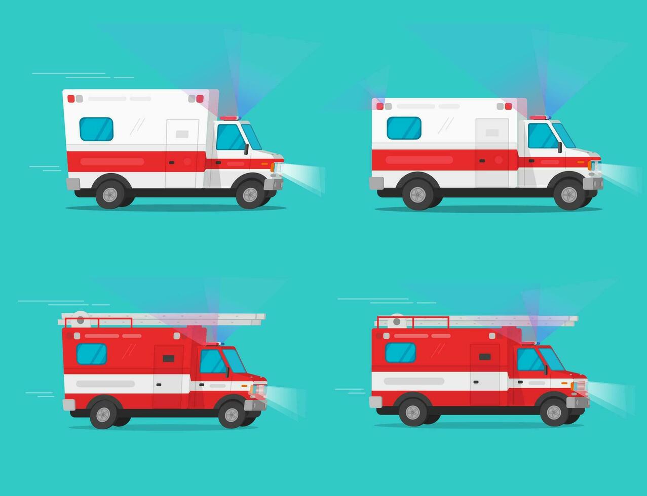 Krankenwagen und Feuerwehrauto Notfall Autos oder Feuer Motor LKW und medizinisch Notfall Fahrzeug Autos ziehen um schnell mit Sirene Blinker Licht Vektor eben Karikatur Illustration Clip Art Bild