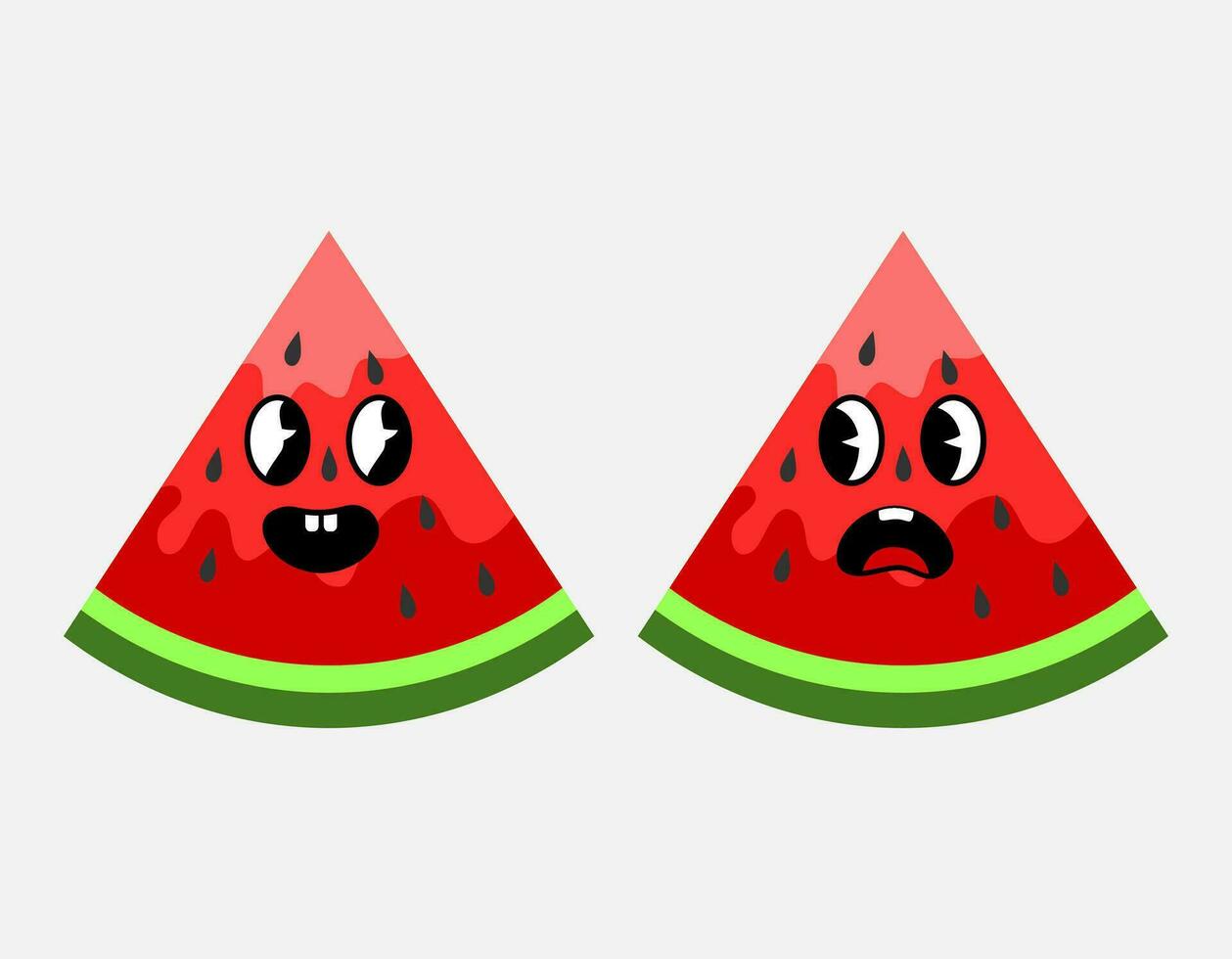 süß Wassermelone Scheiben im Grün, Rot, Rosa. süß Obst Charakter mit glücklich und überrascht Gesicht. Wassermelone Paar Maskottchen mit Emotion. eben Vektor Illustration.