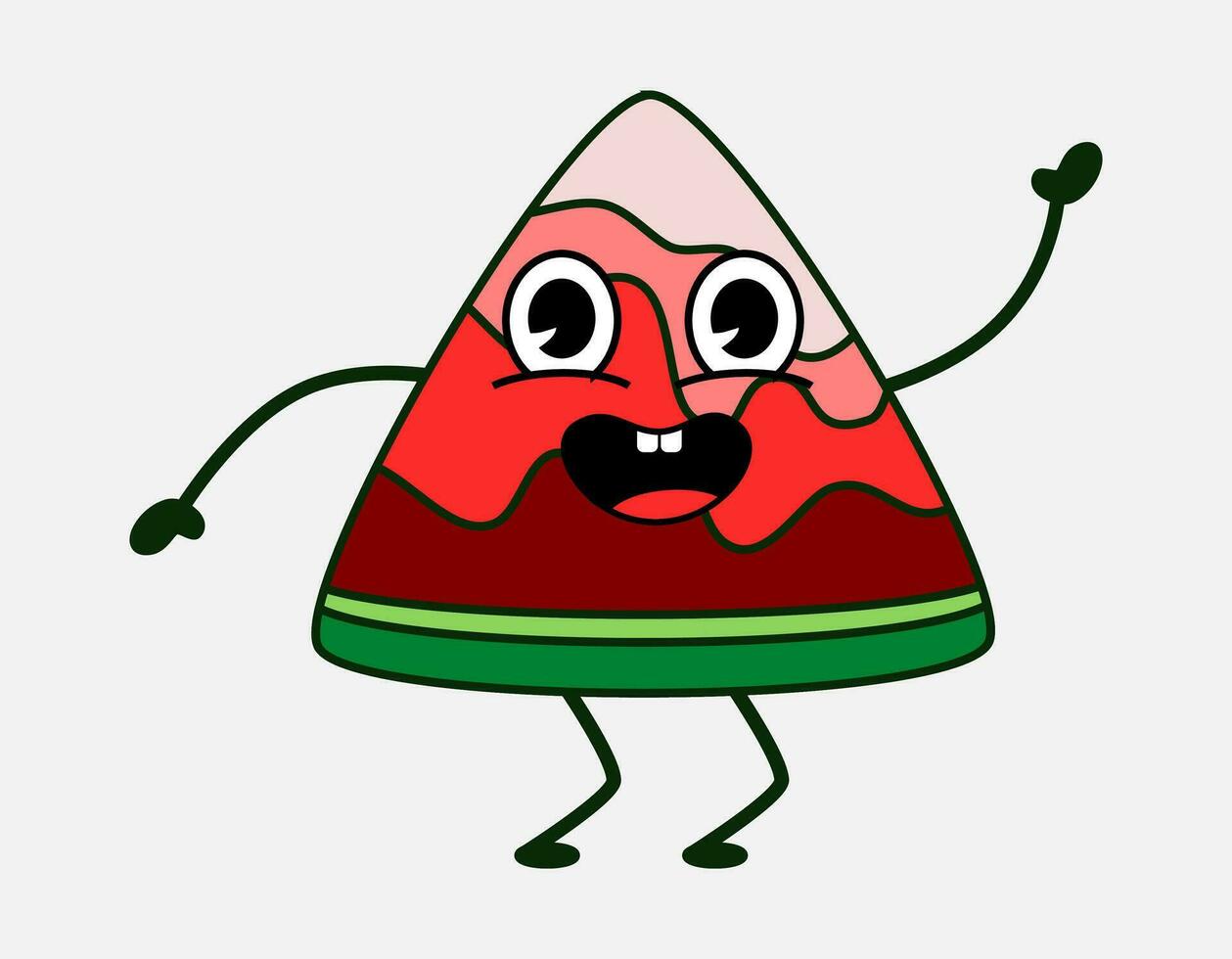 süß Wassermelone Scheiben im Grün, Rot, Rosa. süß Obst Charakter mit glücklich Gesicht. Wassermelone Paar Maskottchen mit Beine. eben Vektor Illustration