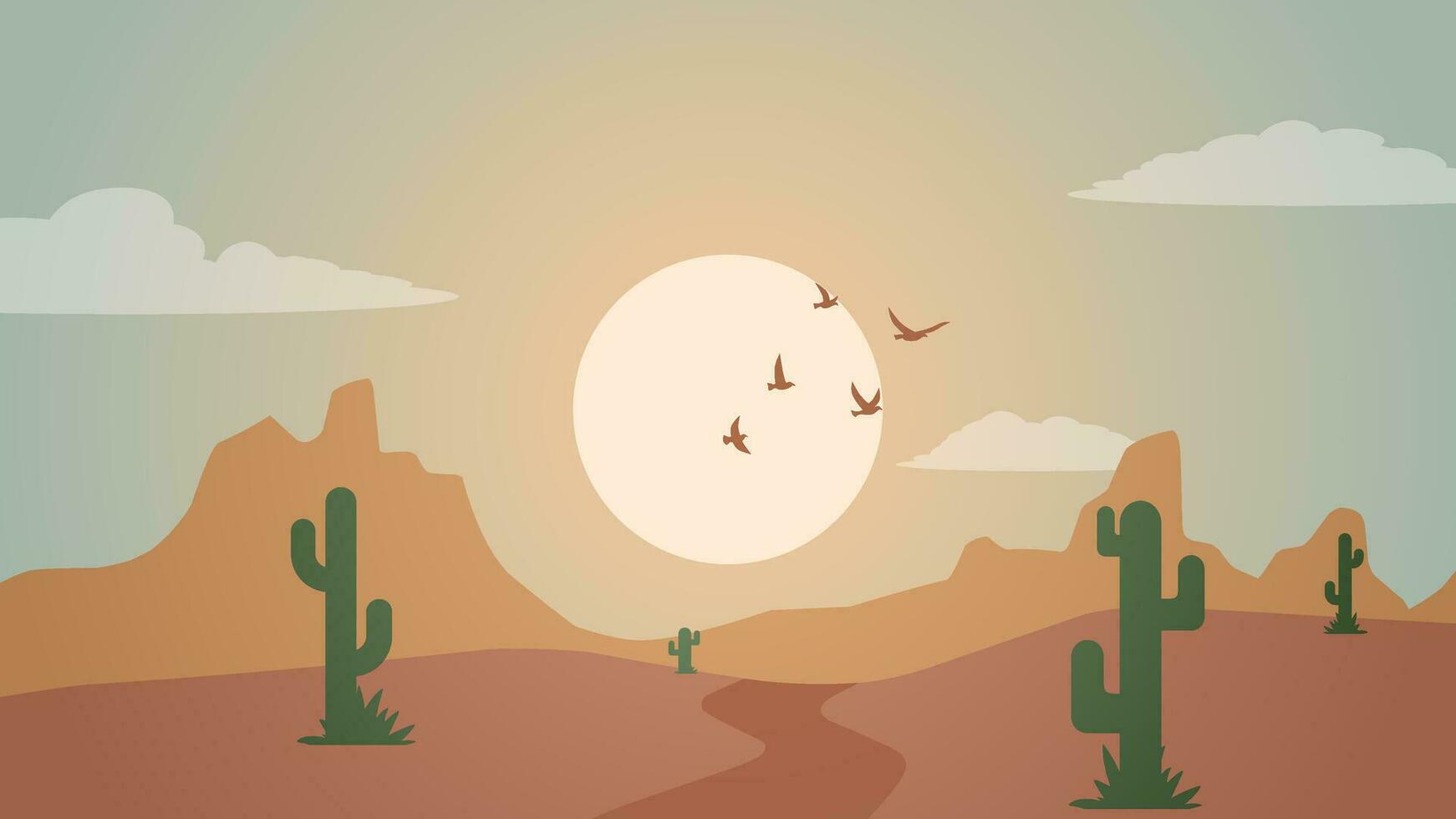 öken- landskap vektor illustration. landskap av sten öken- med kaktus och flock av fåglar. vild väst öken- landskap för illustration, bakgrund eller tapet
