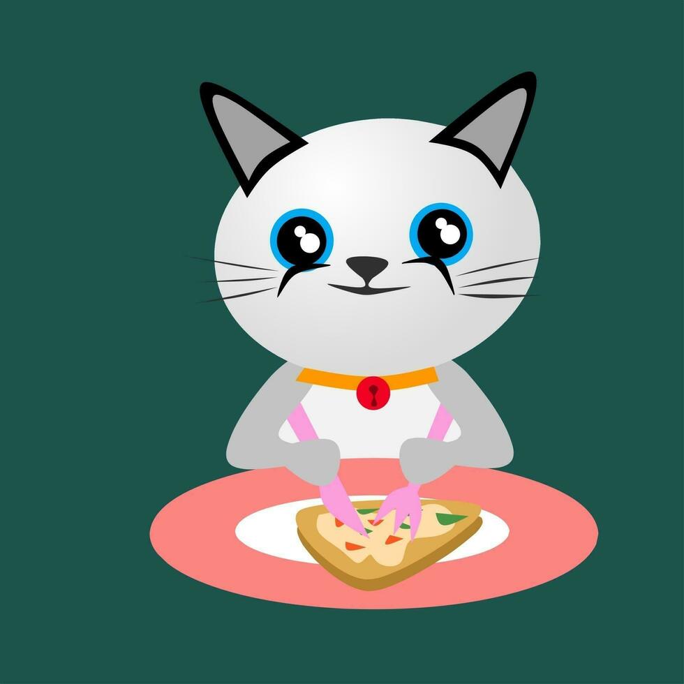 en tecknad serie katt äter pizza med en gaffel och kniv vektor