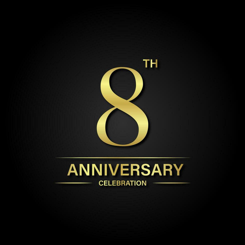 8:e årsdag firande med guld Färg och svart bakgrund. vektor design för firande, inbjudan kort och hälsning kort.