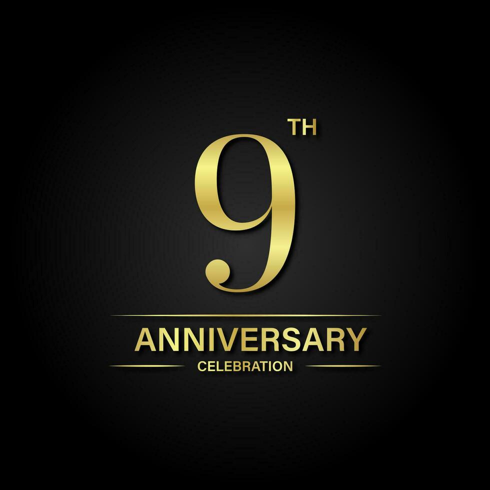 9:e årsdag firande med guld Färg och svart bakgrund. vektor design för firande, inbjudan kort och hälsning kort.