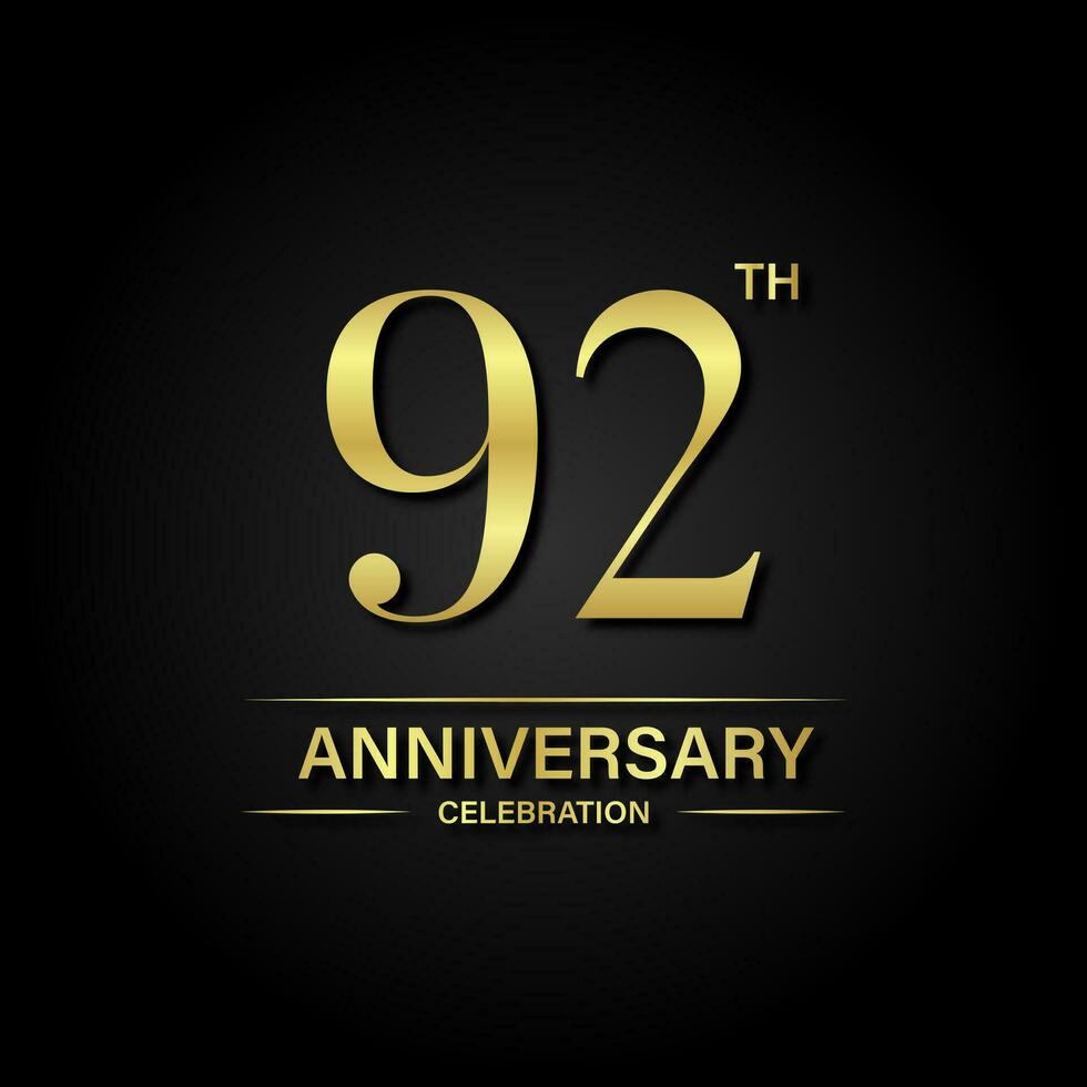 92: e årsdag firande med guld Färg och svart bakgrund. vektor design för firande, inbjudan kort och hälsning kort.
