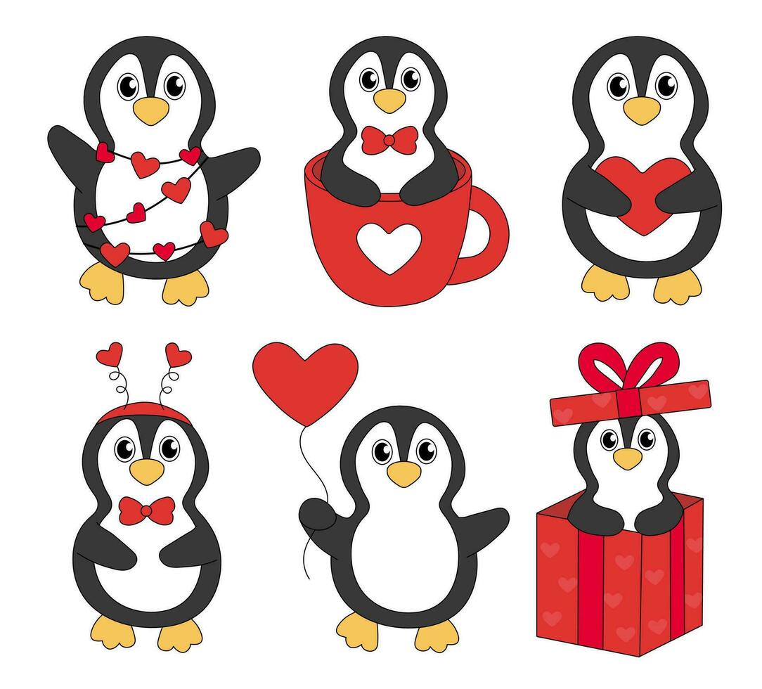 einstellen von Karikatur Valentinstag Tag Pinguin Figuren. süß Pinguine im Tasse und im Geschenk Kasten, Girlande, Stirnband und mit Herz Ballon. Vektor eben Illustration.