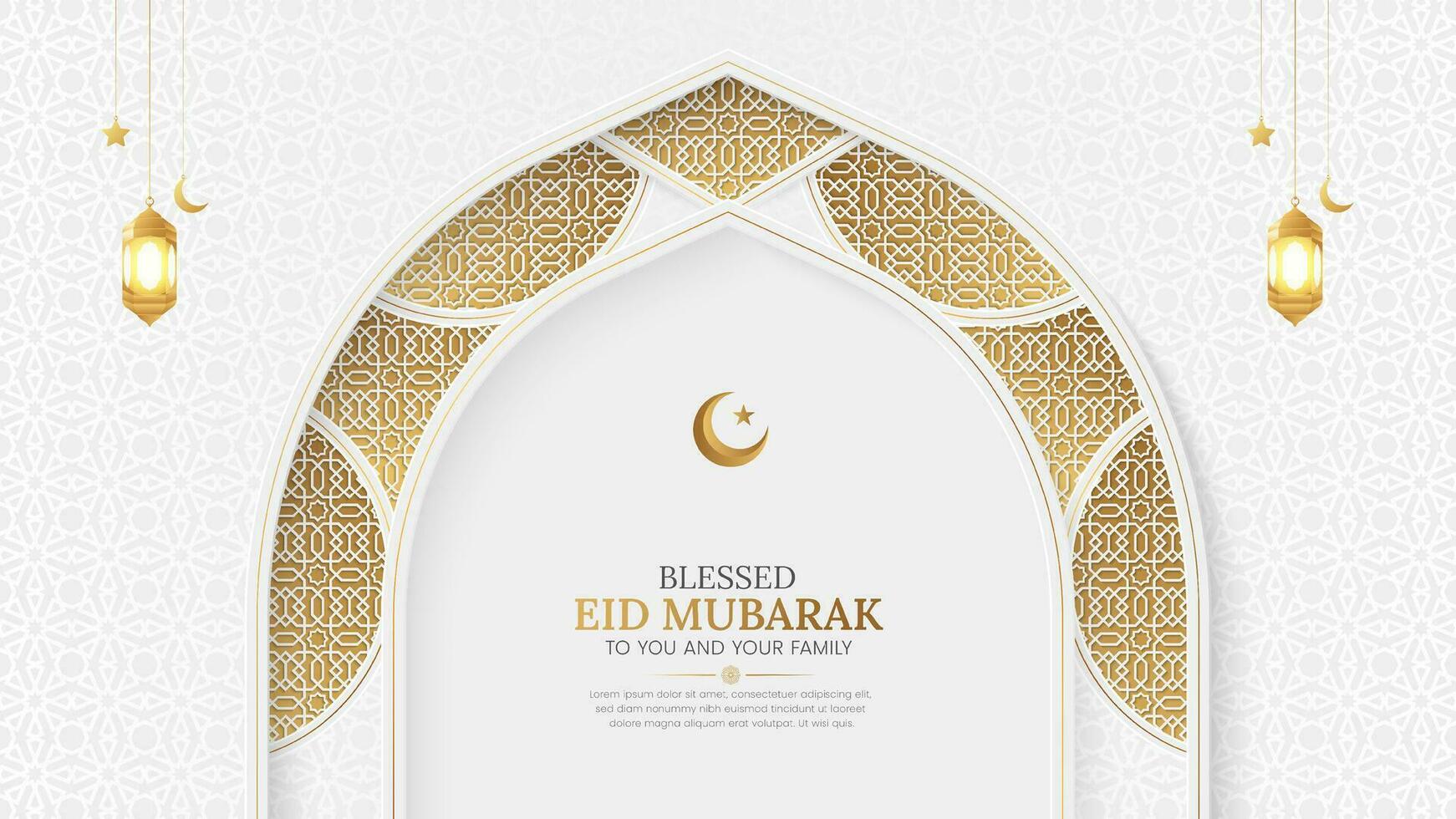 eid mubarak islamic dekorativ båge bakgrund med arabicum mönster och lyktor vektor