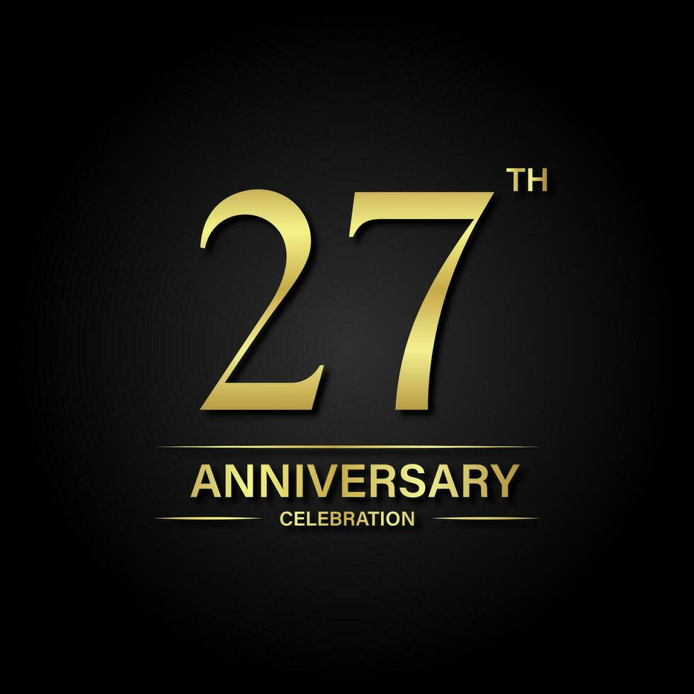27: e årsdag firande med guld Färg och svart bakgrund. vektor design för firande, inbjudan kort och hälsning kort.