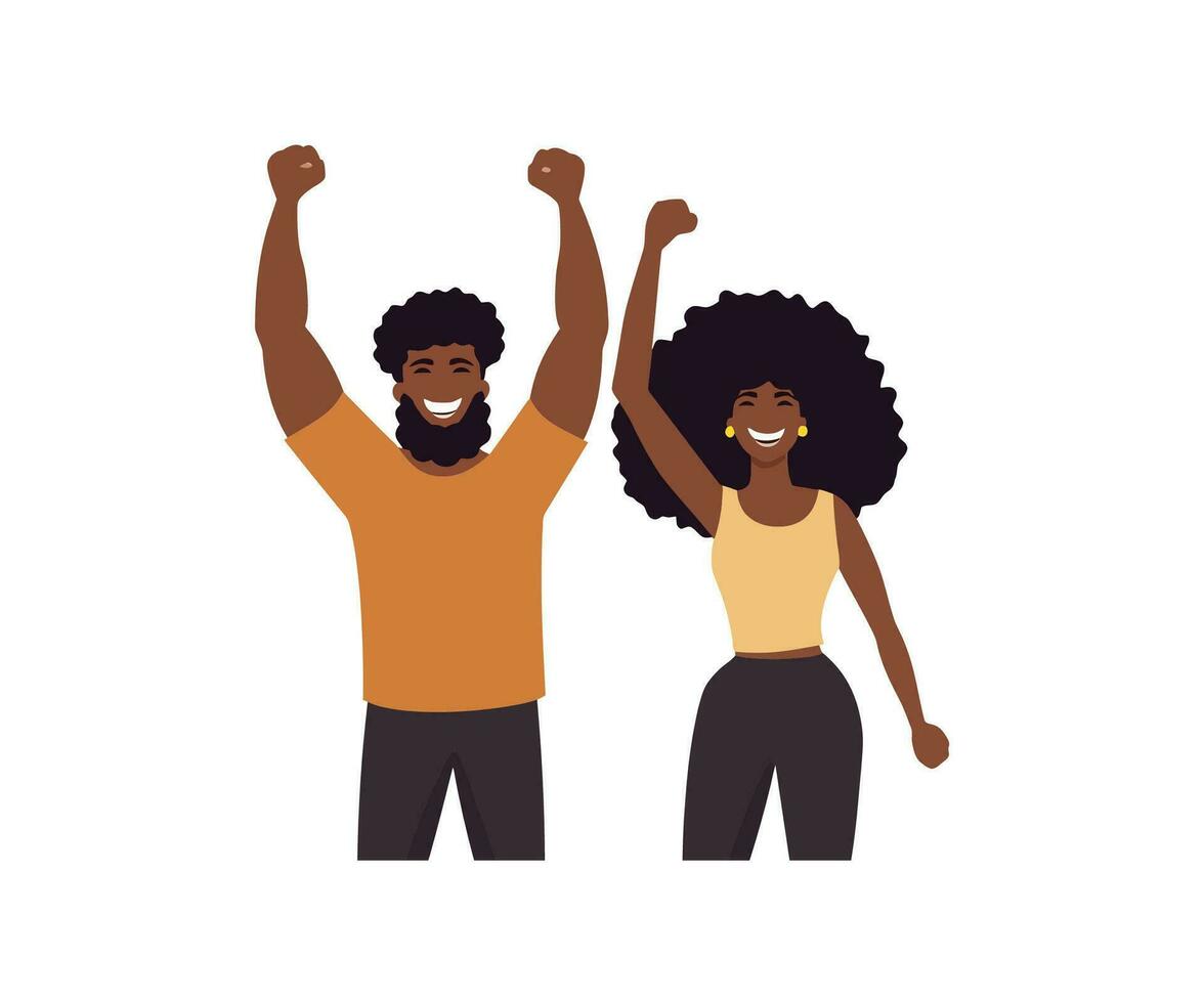 afrikanisch Mann und Frau haben Spaß mit ihr Hände hoch. Vektor Illustration Design.