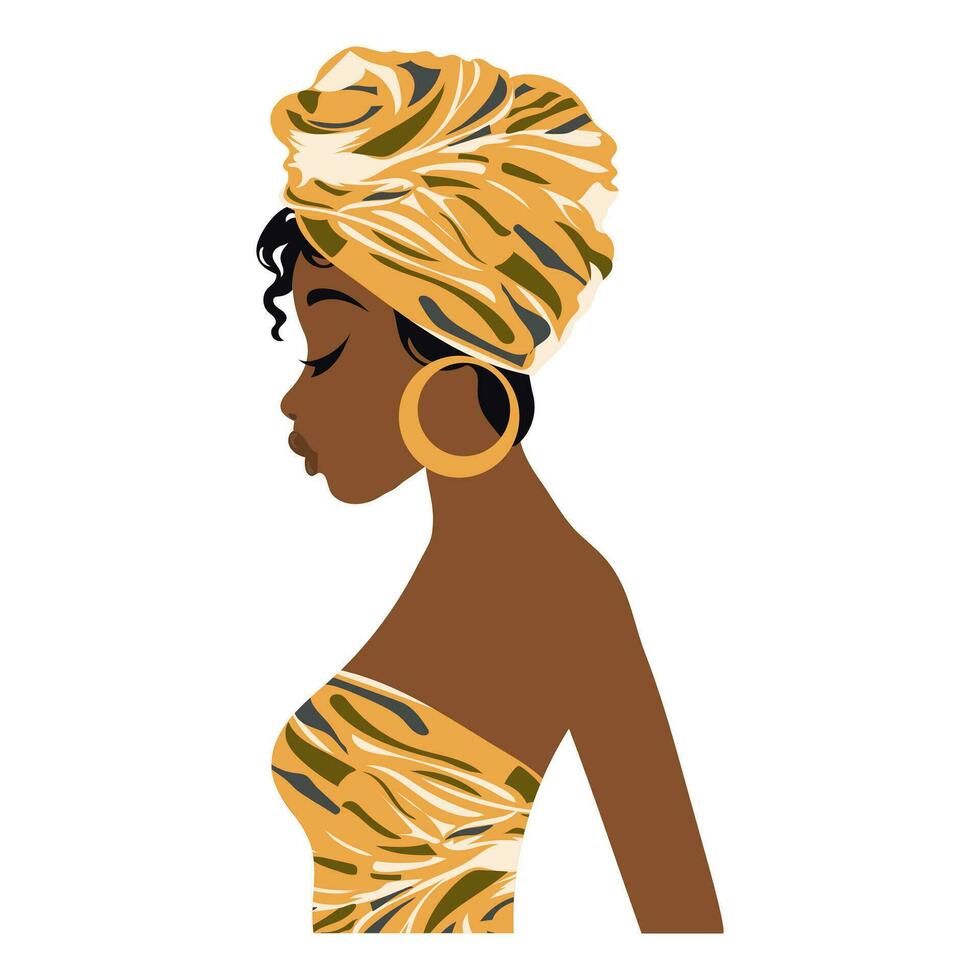 Porträt von ein schön afrikanisch Frau im Profil im ein National Kopfschmuck, ein Turban. Illustration, Vektor