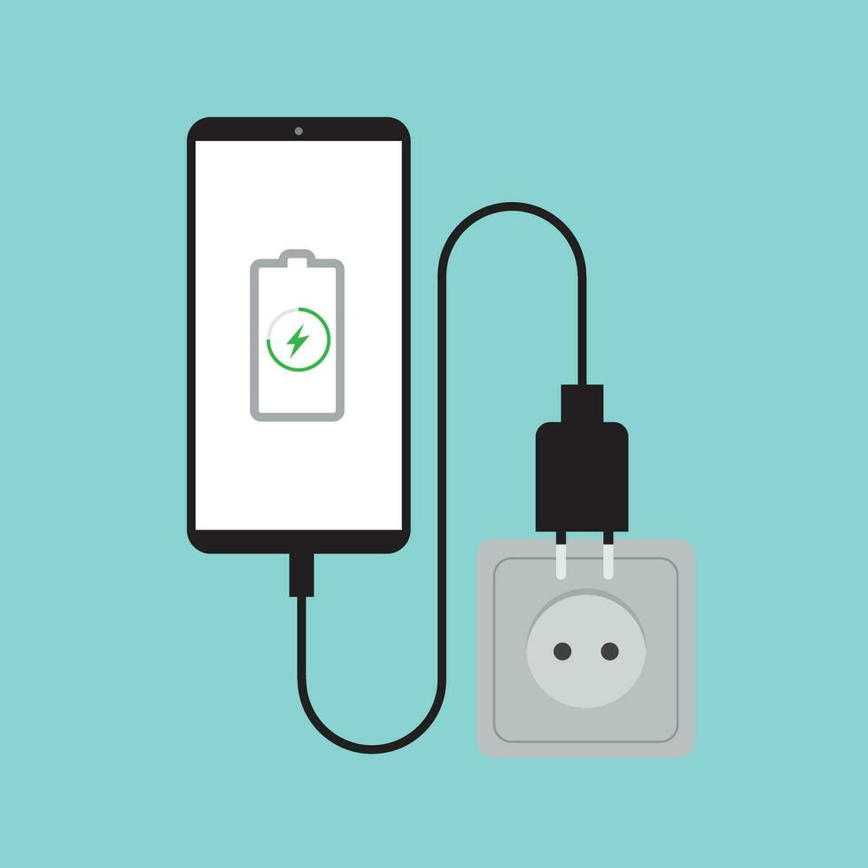 smartphone laddare adapter och elektrisk utlopp, laddning batteri underrättelse, platt design illustration vektor