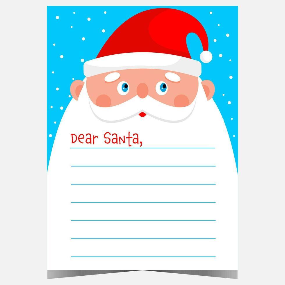 Weihnachten Brief zu Santa claus mit Karikatur Charakter im das Hintergrund. leer Vorlage zum Wunsch Liste, Gruß Postkarte oder Mail zu schreiben ein Botschaft zu Santa während das Winter Ferien Feier. vektor