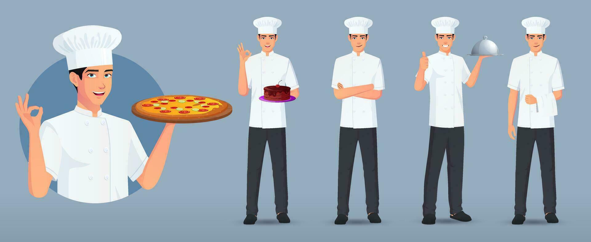kock logotyp och laga mat karaktär uppsättning i olika poser och gester, kock stående bärande kaka, pizza, tjänande tallrik, vapen vikta vektor