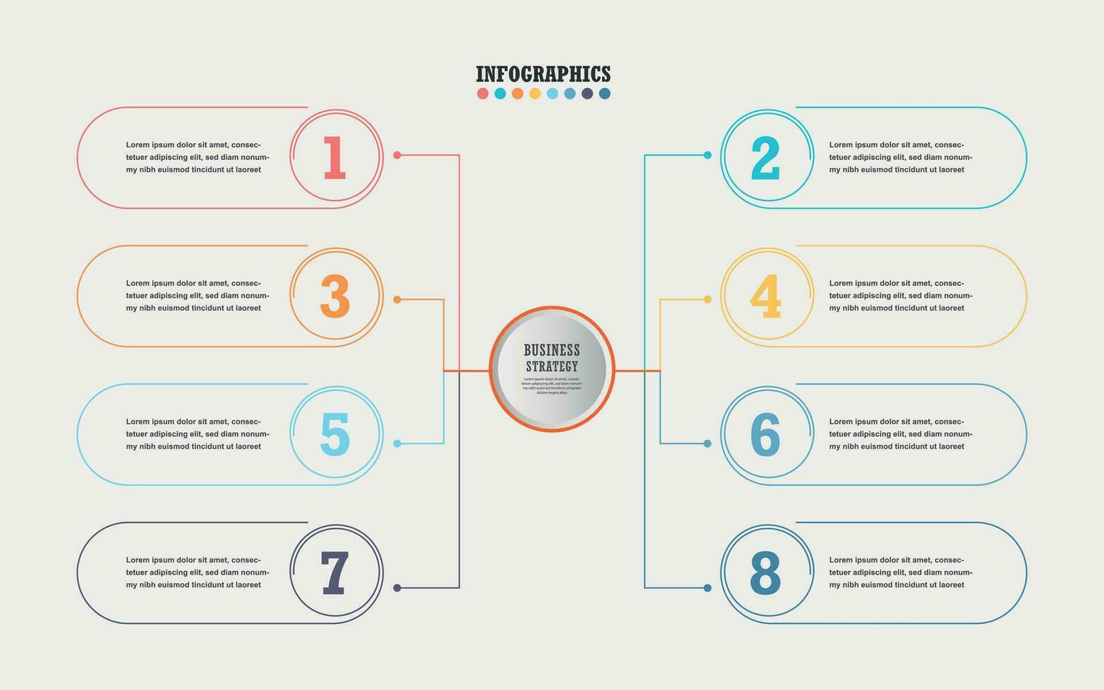 Geschäft Infografiken. Präsentation mit 8 Abschnitte, Nummer Optionen. Vektor Element.