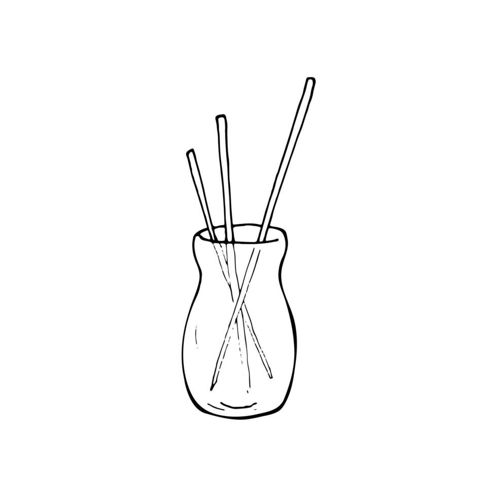 handgemalt Flasche mit Aroma Stöcke. Vektor Illustration von Weihrauch Stöcke. Aroma Diffusor mit Stöcke zum Zuhause auf ein Weiß Hintergrund.