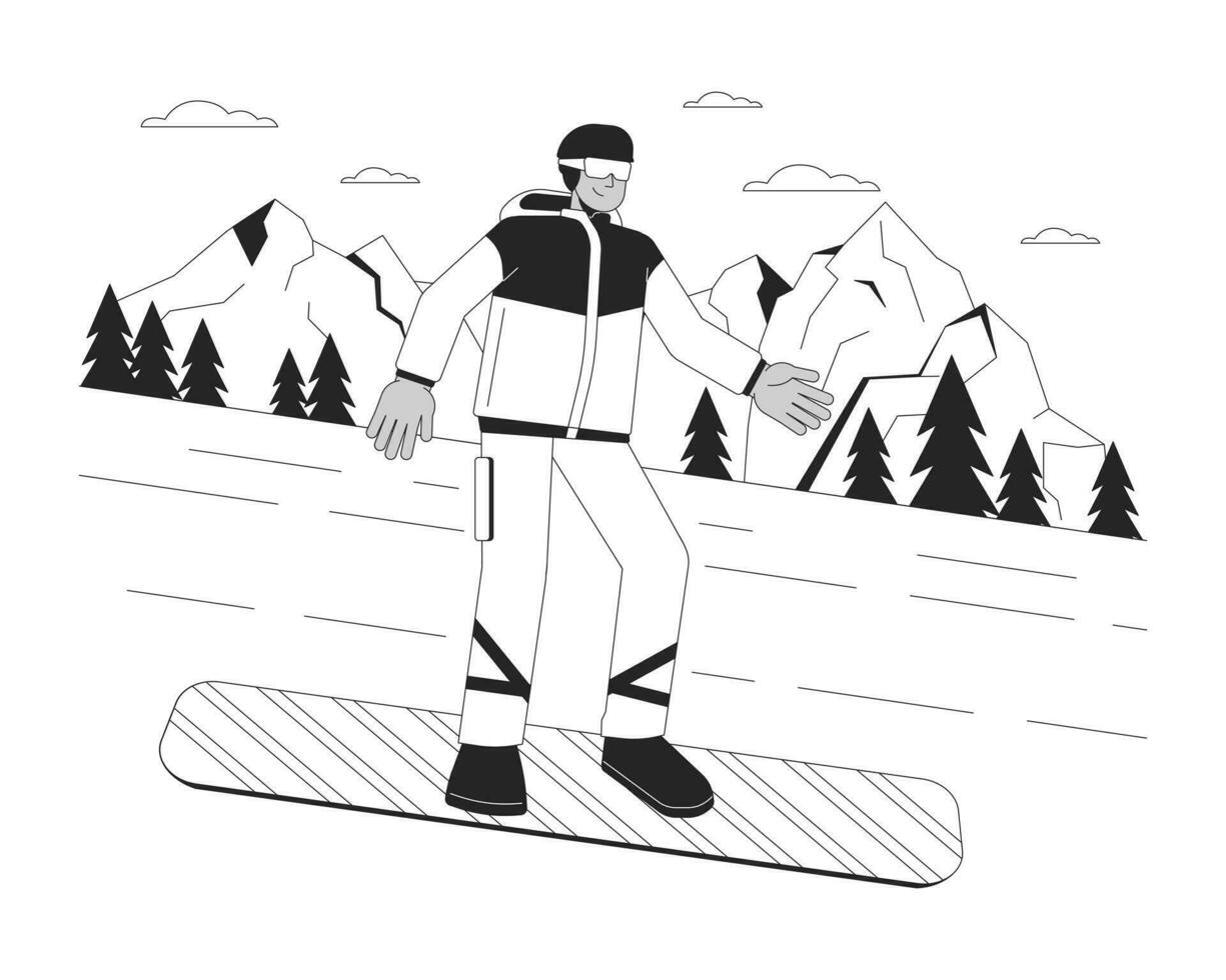 åka snowboard utför vinter- sporter svart och vit tecknad serie platt illustration. extrem snowboardåkare gående ner kulle 2d linjekonst karaktär isolerat. vintersport svartvit scen vektor översikt bild