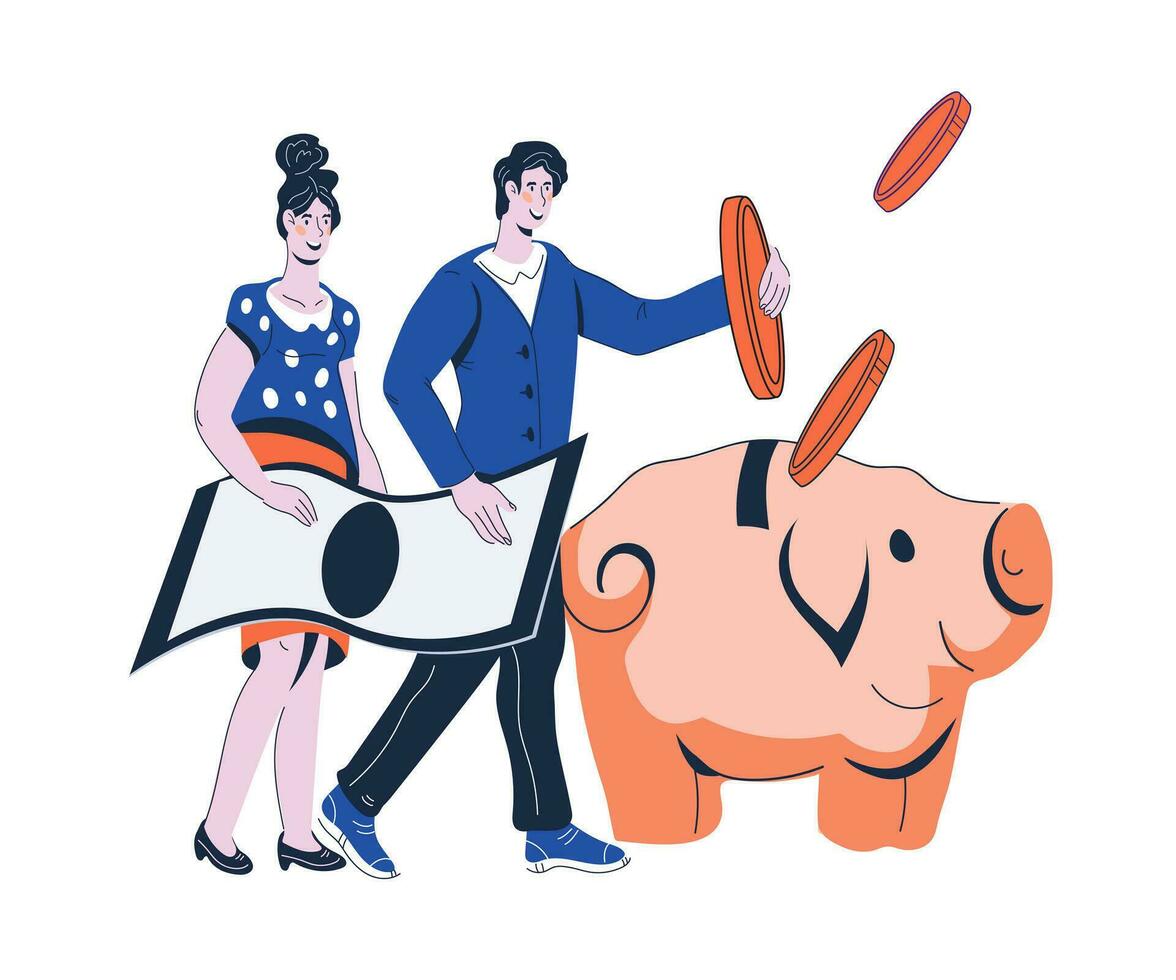 Geld Speichern und Geld Herstellung Konzept mit Menschen Putten Münzen in Schweinchen Bank. Bank Konto Speichern Programm und Wirtschaft, Budget Planung, Karikatur Vektor Illustration isoliert auf Weiß Hintergrund.