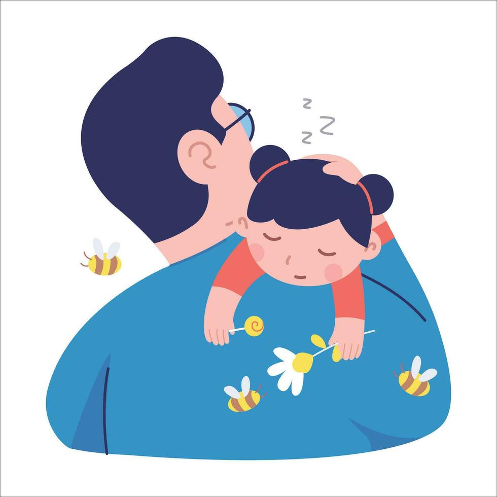 söt liten flicka sovande med henne far. vektor illustration i tecknad serie stil.