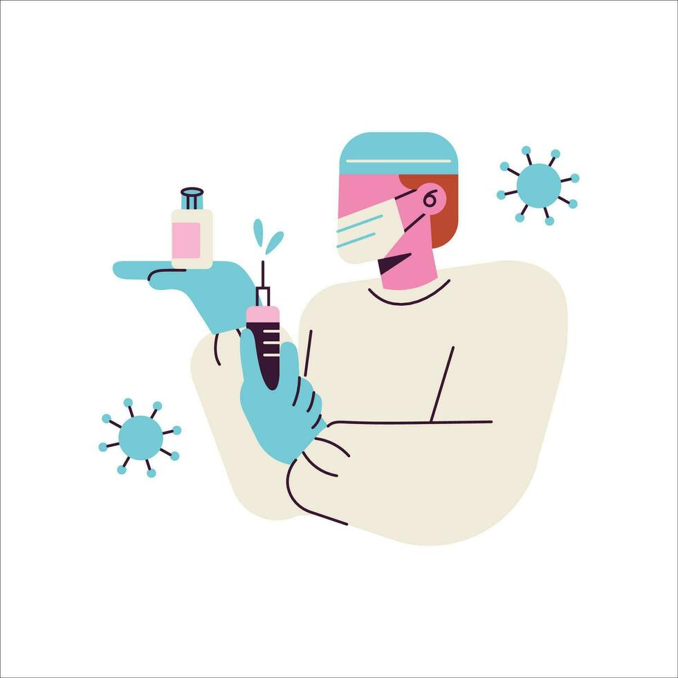 Arzt im Maske und Handschuhe mit Spritze. Coronavirus Schutz. Vektor Illustration im eben Stil