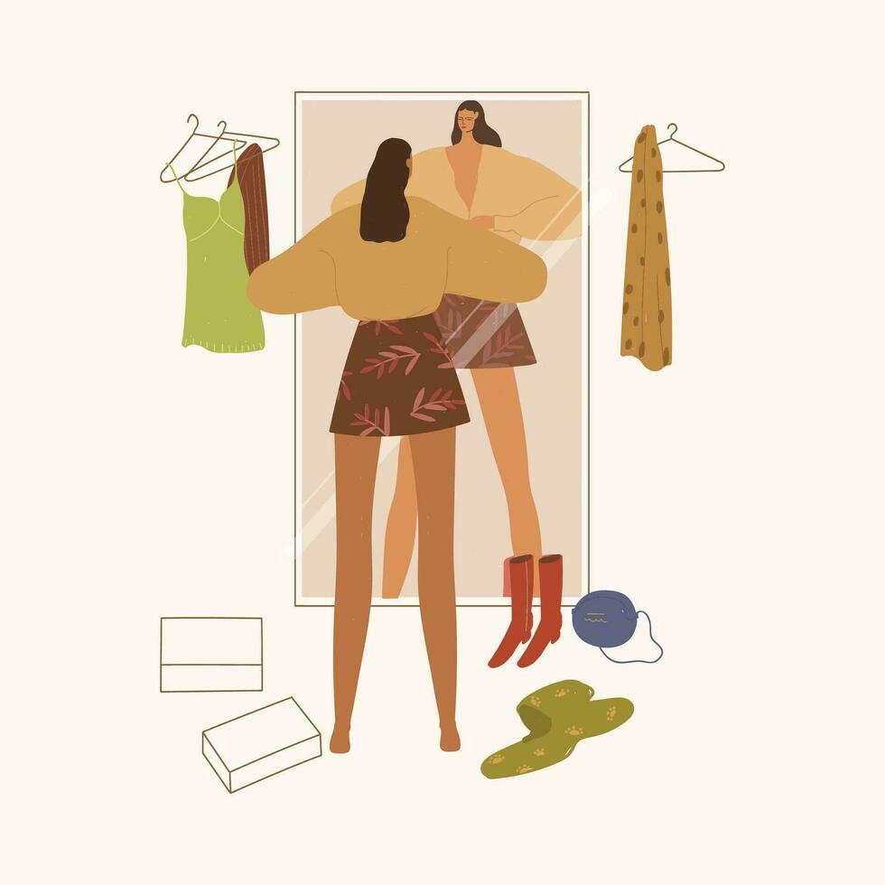 kvinna välja kläder i de garderob. vektor illustration i platt stil.