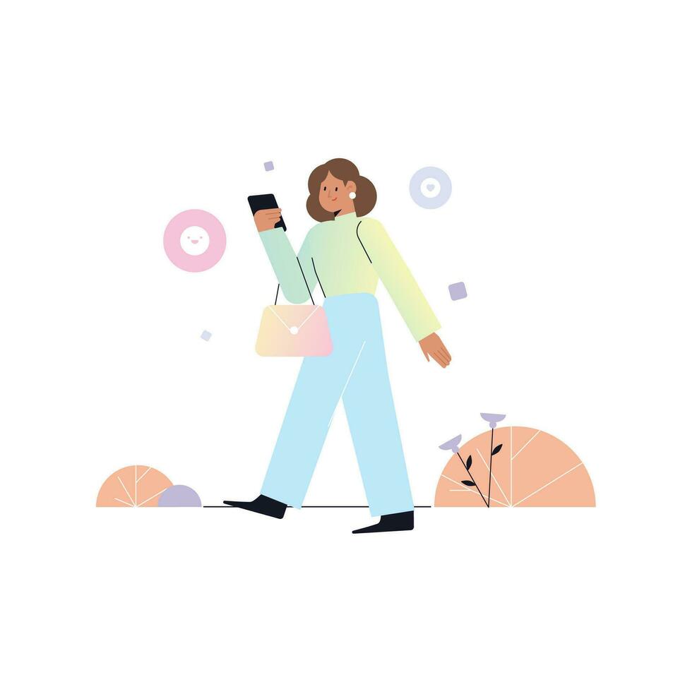 jung Frau Gehen mit Handy, Mobiltelefon Telefon. Vektor Illustration im eben Stil.