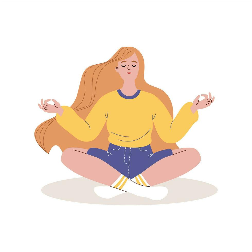 Frau meditieren im Lotus Position. Vektor Illustration im eben Stil