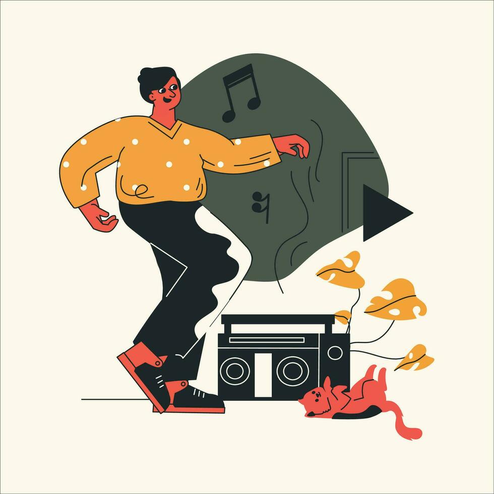 Vektor Illustration von ein Mann Hören zu Musik- auf das Radio. eben Stil.