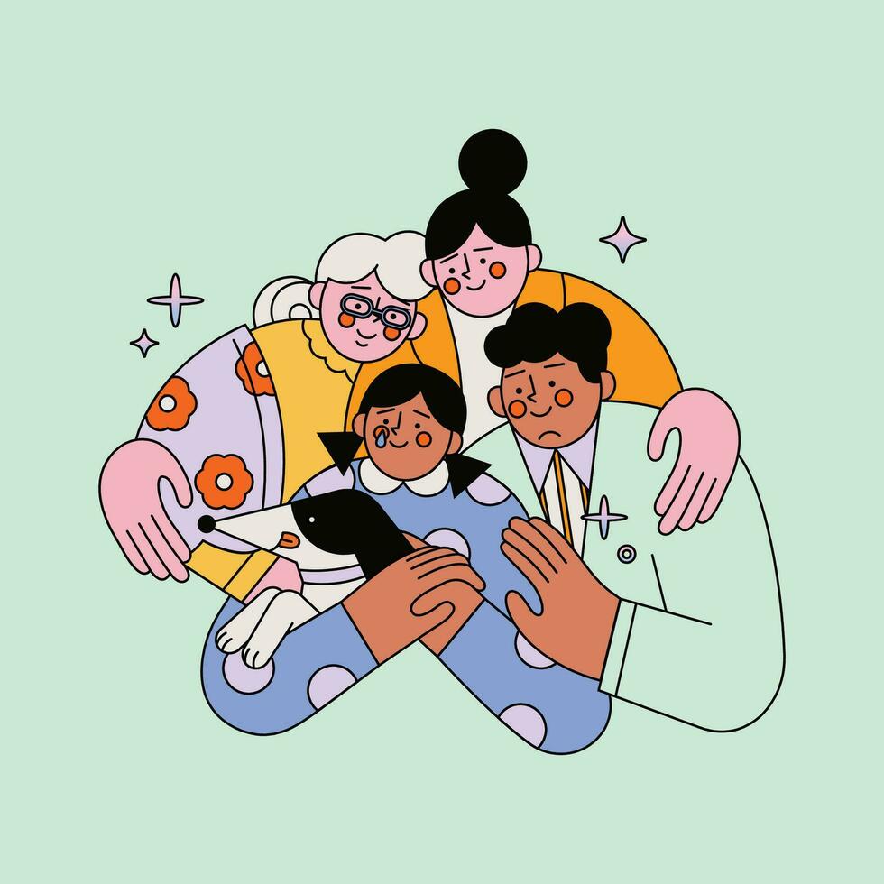 Vektor Illustration von ein Alten Frau mit ihr Familie und ein Hund.