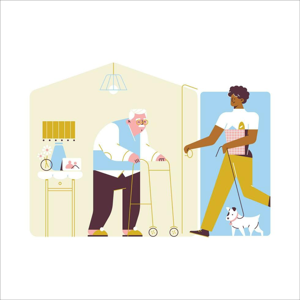 Alten Menschen im ein Pflege- heim. Vektor Illustration im eben Stil