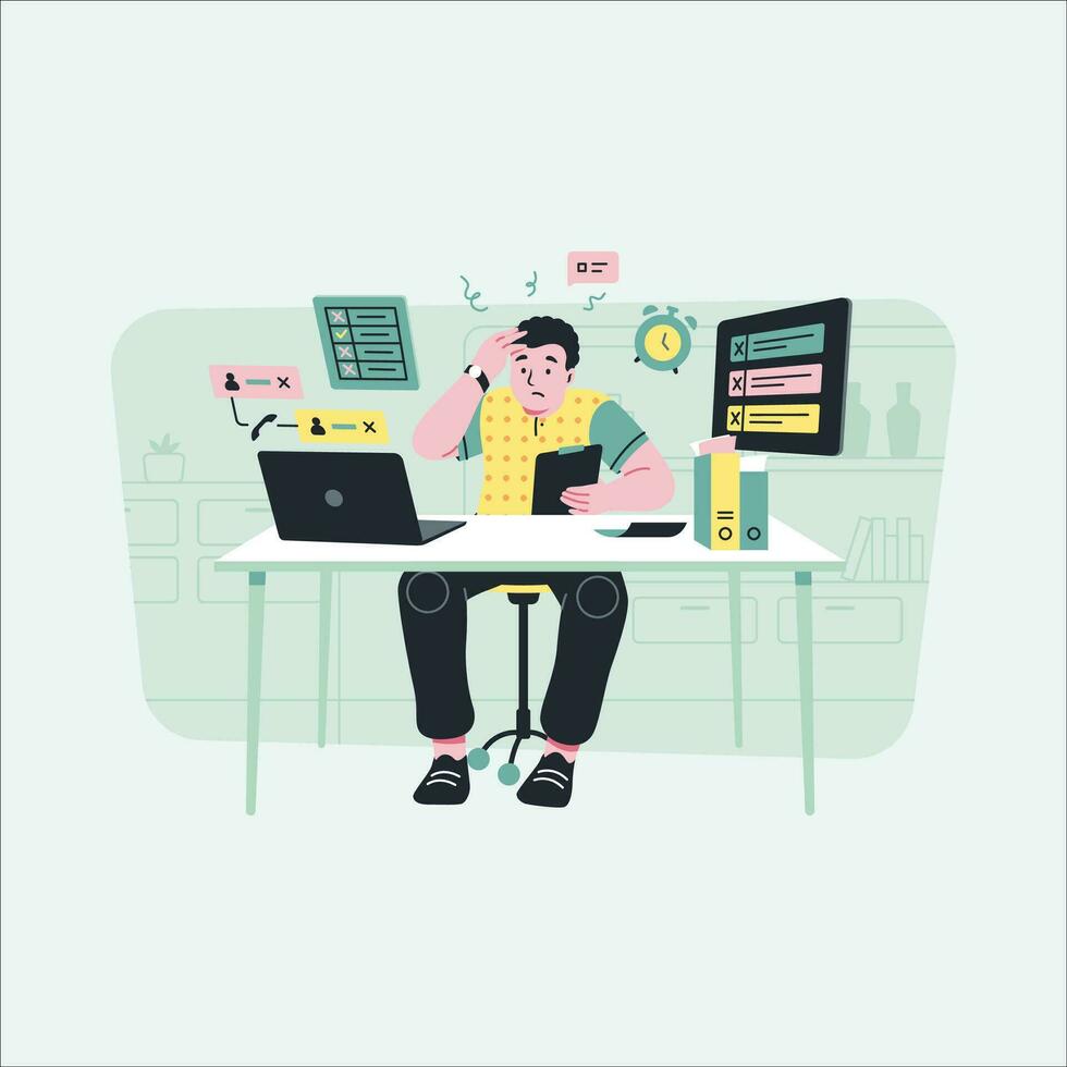 müde und betont Mann Arbeiten auf Computer beim Büro. Vektor Illustration