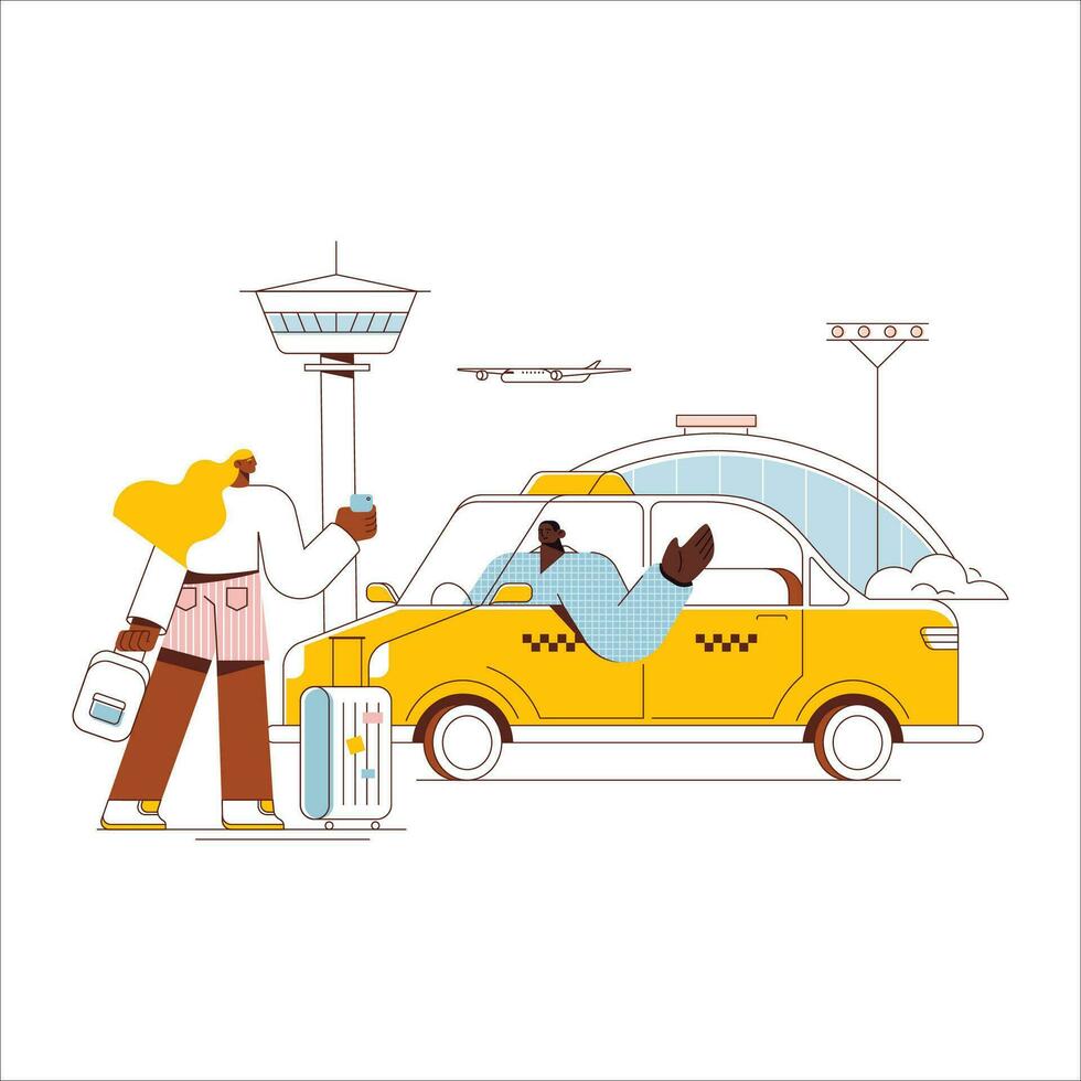 Taxi Service. Vektor Illustration im eben Design Stil. Taxi Treiber mit Gepäck warten zum Taxi.