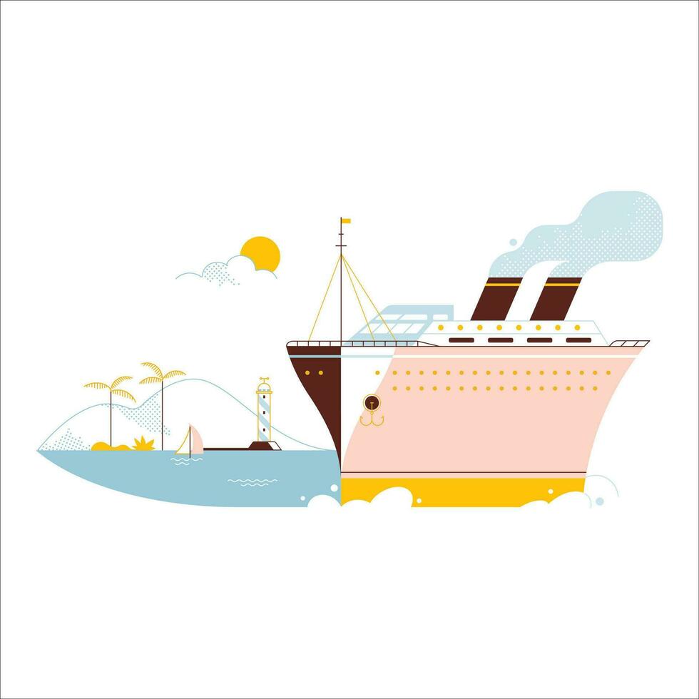 Kreuzfahrt Schiff auf das Meer. Vektor Illustration im eben Stil.