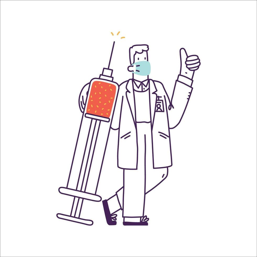 Arzt mit ein Spritze. Karikatur Charakter. Vektor Illustration im ein eben Stil