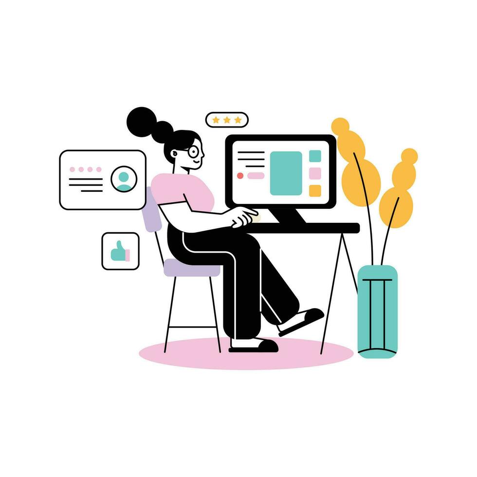 Frau Arbeiten auf Laptop beim heim. Vektor Illustration im eben Stil.