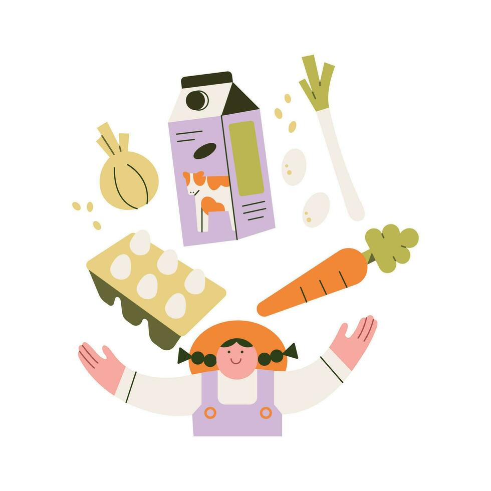 Vektor Illustration von ein Mädchen im Schürze umgeben durch gesund Lebensmittel.