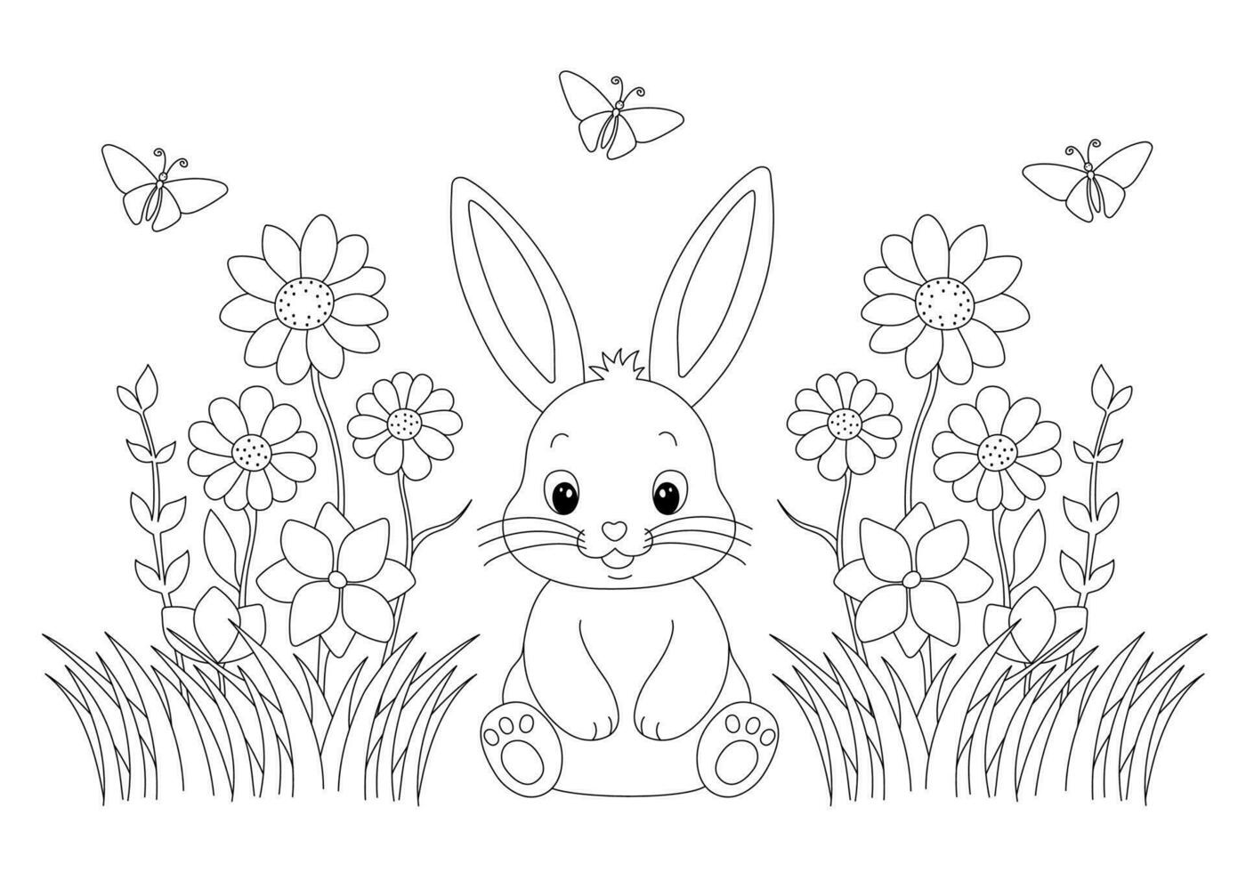 färg sida med förtjusande kanin i gräs och blommor. hand dragen vektor konturerad svart och vit illustration.