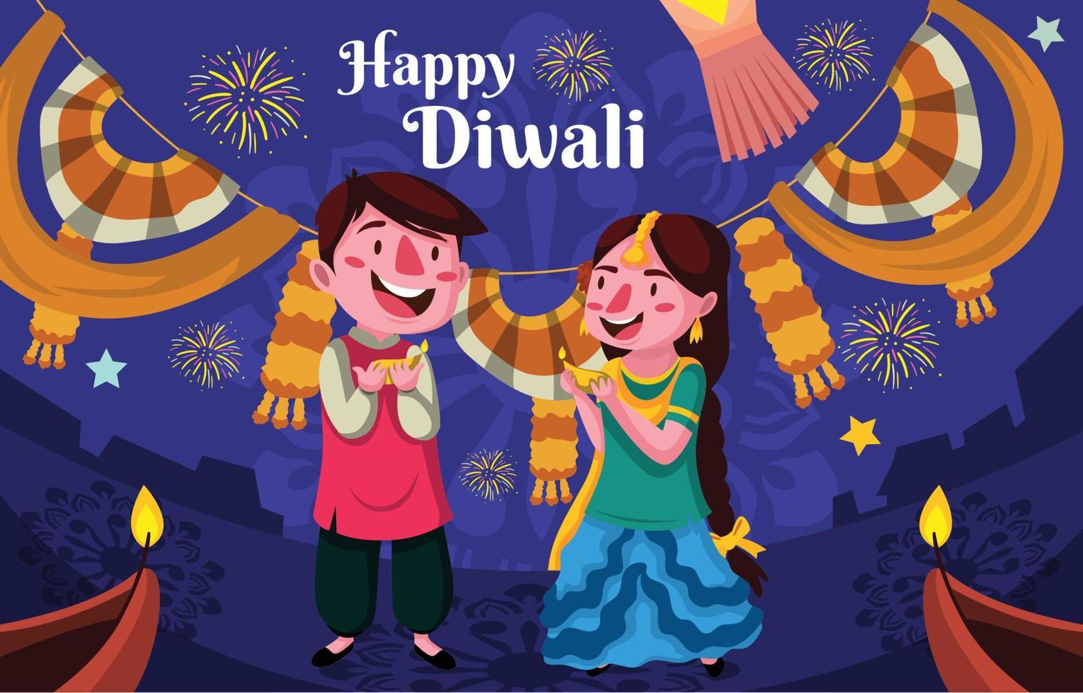 Jungen und Mädchen feiern glückliches Diwali vektor