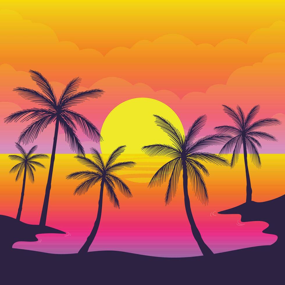 Gradient Strand Sonnenuntergang Landschaft mit Palme Baum Hintergrund vektor