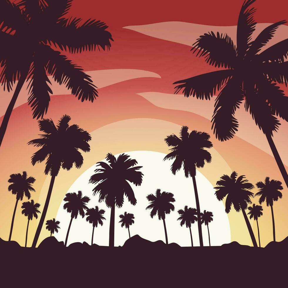 Gradient Strand Sonnenuntergang Landschaft mit Palme Baum Hintergrund vektor