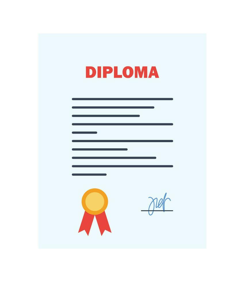 Weiß ausgerollt Papier Diplom mit Gelb Briefmarke und rot Bänder. Abschluss Konzept. Vektor Illustration.