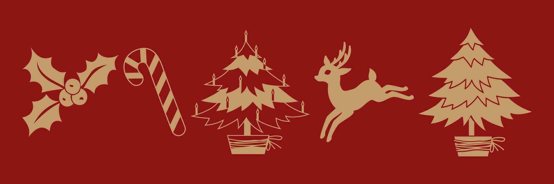 Weihnachten und Neu Jahr traditionell Symbole auf ein rot Hintergrund. Rentier, Süßigkeiten Stock, Stechpalme Beeren, Weihnachten Baum. dekorativ Elemente zum festlich Design von Winter Feiertage.Vektor Illustration. vektor