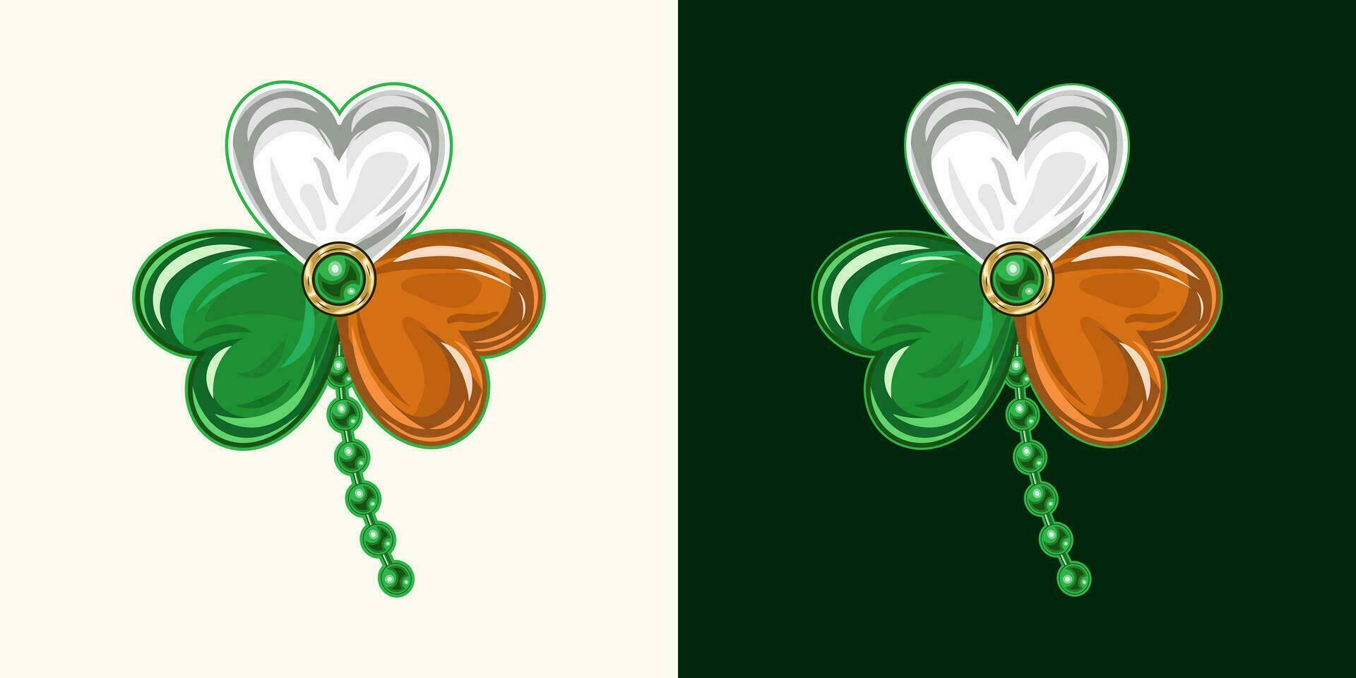 Kleeblatt, Kleeblatt zum st Patrick's Tag Dekoration. Kleeblatt mögen Schmuck Emaille Brosche. traditionell National Farben von Irland. Jahrgang Illustration. vektor