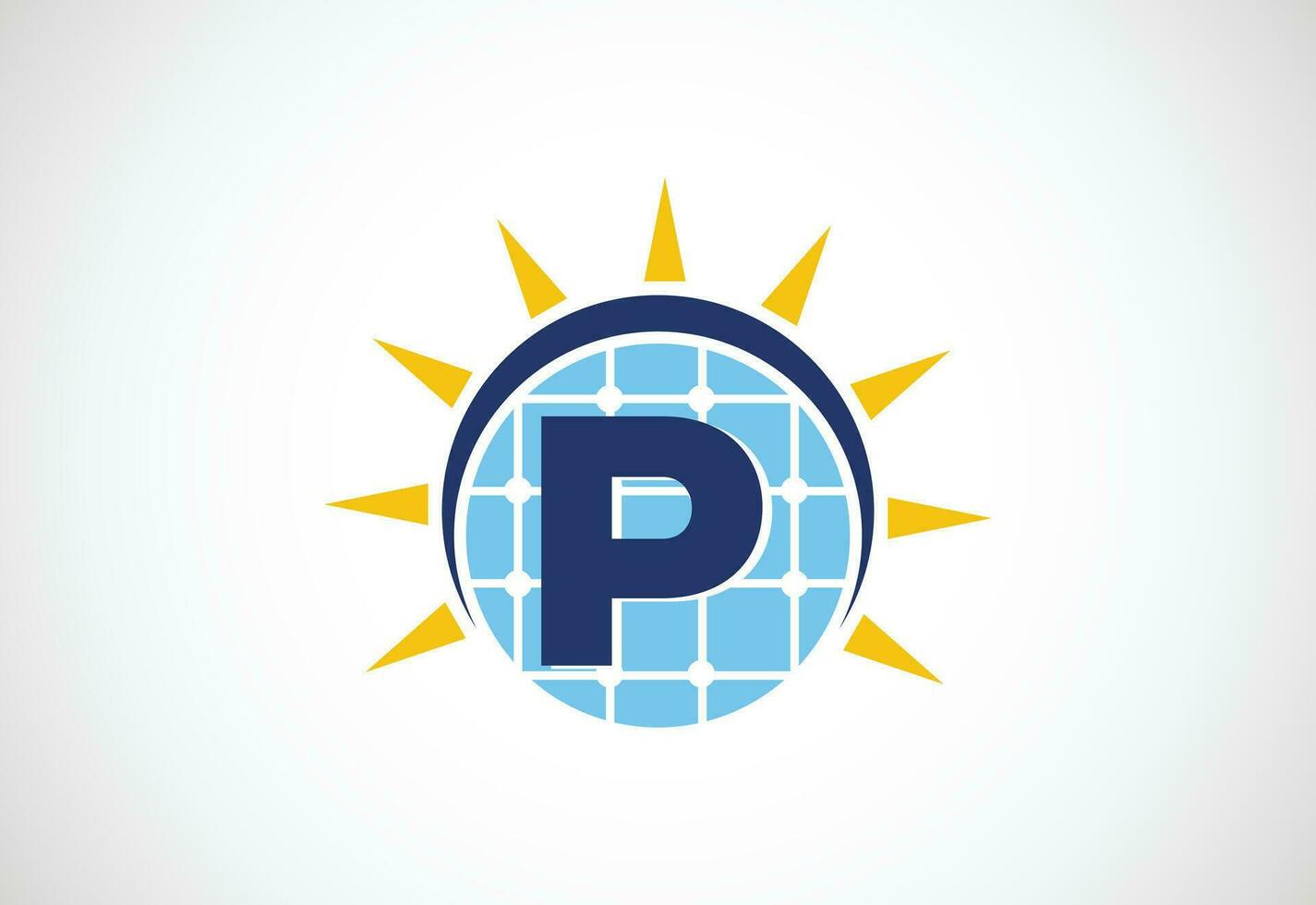 Englisch Alphabet p mit Solar- Panel und Sonne unterzeichnen. Sonne Solar- Energie Logo Vektor Illustration