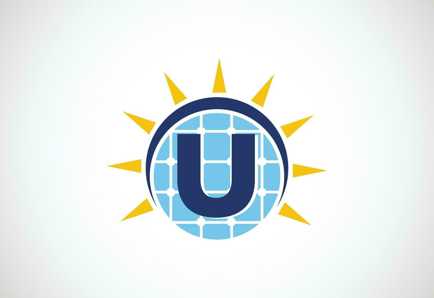 engelsk alfabet u med sol- panel och Sol tecken. Sol sol- energi logotyp vektor illustration