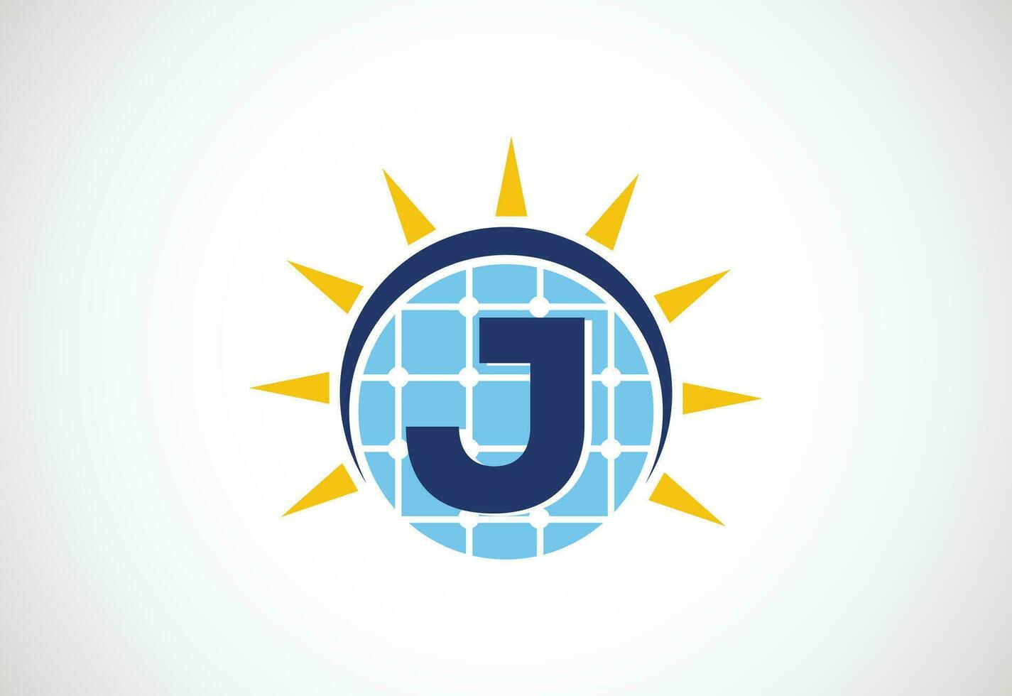 engelsk alfabet j med sol- panel och Sol tecken. Sol sol- energi logotyp vektor illustration