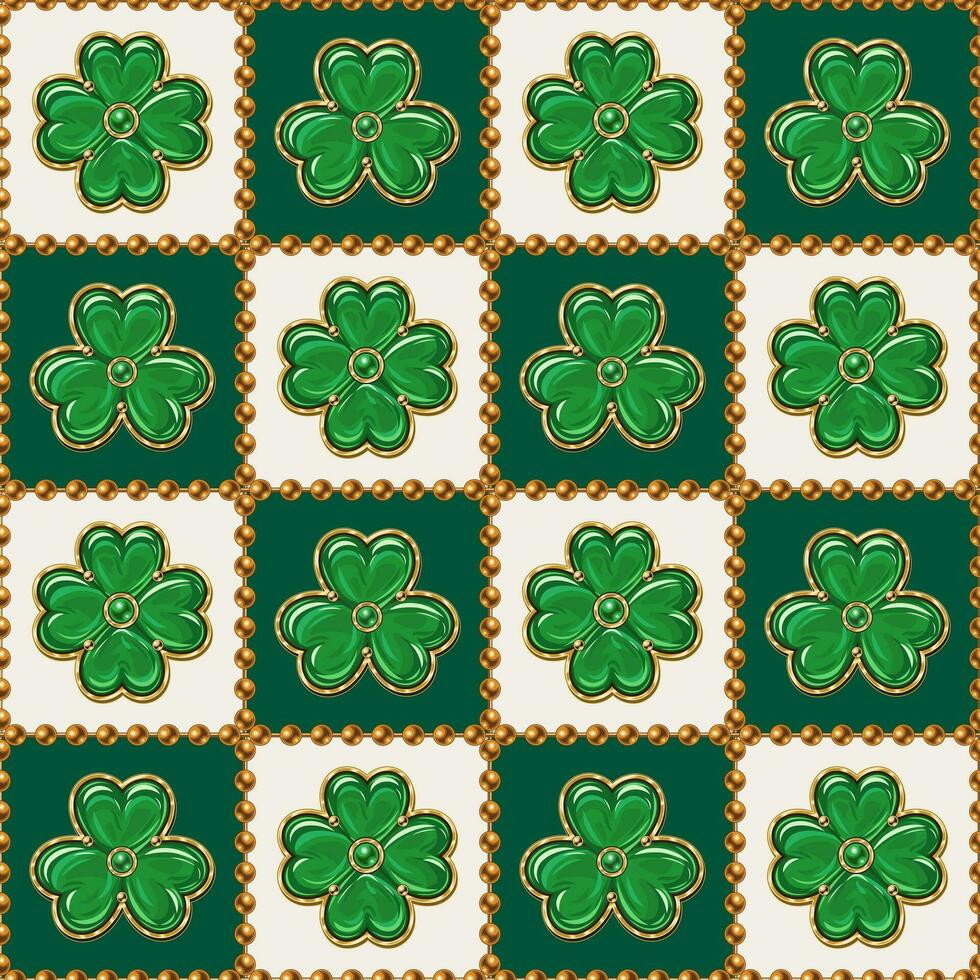 geometrisk rutig pläd st patricks dag mönster med klöver, vitklöver tycka om Smycken hängen tillverkad av grön emalj i gyllene ram. klassisk fyrkant rutnät. vektor